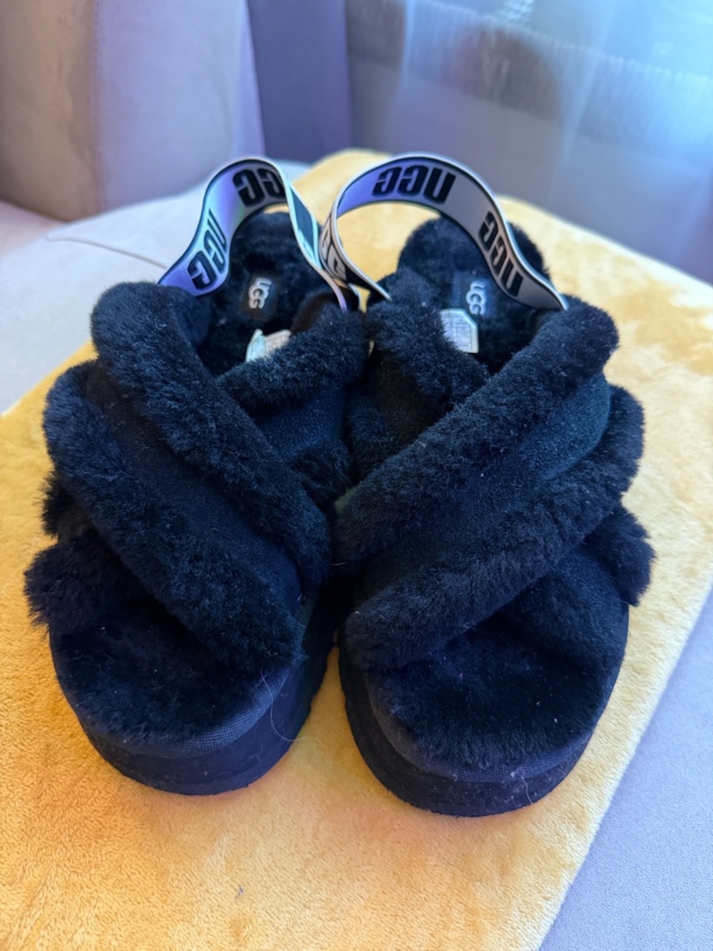 UGG Black Plush Shearling Slide Sandals with Logo Strap